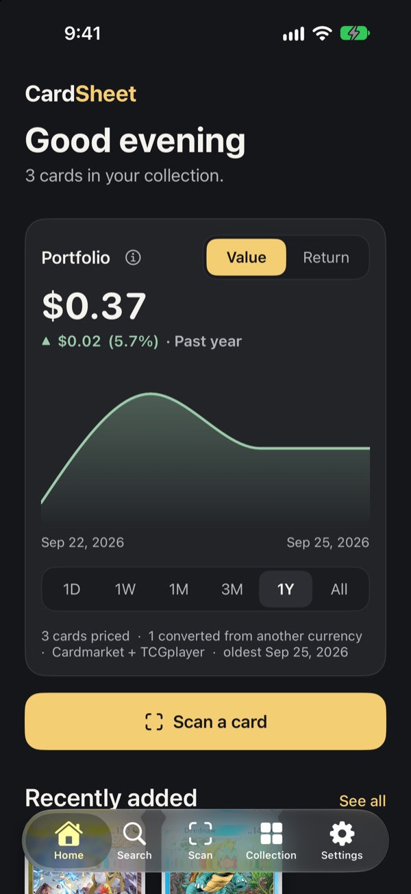 CardSheet home screen showing a portfolio value chart