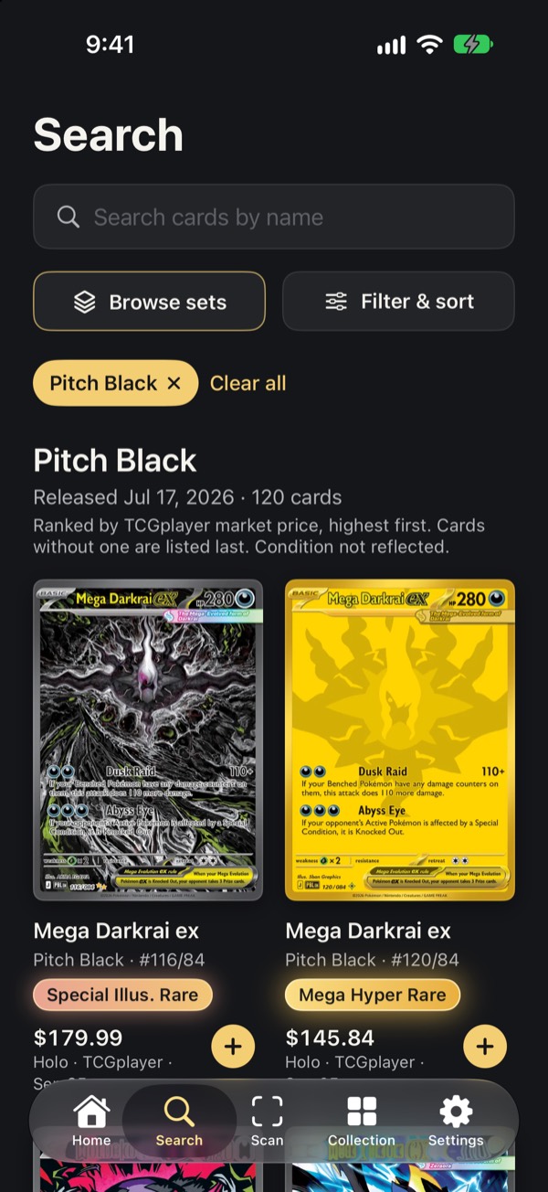 CardSheet search screen ranking a set's cards by market price
